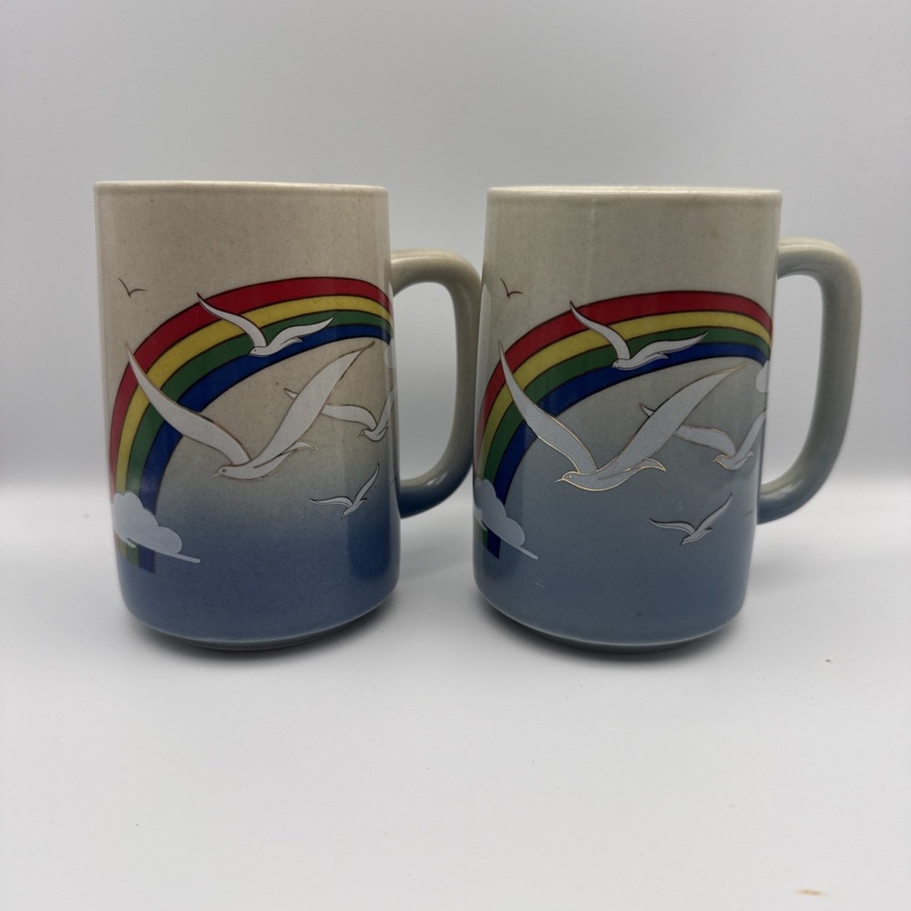 2 Vintage Otagiri Japan Stoneware Mugs Handpainted Bird Rainbow Ocean